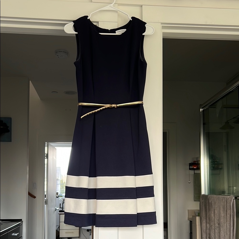 Calvin Klein Navy and White Dress with Gold Belt